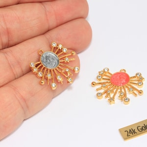 22x26mm 24k Shiny Gold CZ Galaxy Medallion, Micro Pave Sun And Stars Charms, Optional Enamel Galaxy Necklace Charm, Gold Plated Findings,