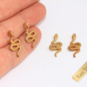 Può includere: Ciondoli a forma di serpente color oro. I ciondoli sono dettagliati con un corpo a spirale e una testa sollevata. È presente anche una piccola etichetta rettangolare con la scritta "Raw Brass". Questi ciondoli sono adatti per la creazione di gioielli.