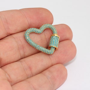 25x28mm 24k Shiny Gold Heart Screw Clasp, Micro Pave Heart Charm, Turquoise Stone Heart Pendant, Gold Plated Necklace Charms, SMR, KDR81