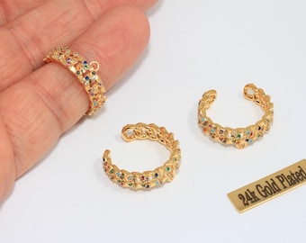 Anillos de cadena de oro brillante de 24k de 16-17 mm, anillo de cadena con micro pavé, anillos de piedras de colores, anillos delicados de circonita cúbica, anillos ajustables chapados en oro, SRD, MLS690