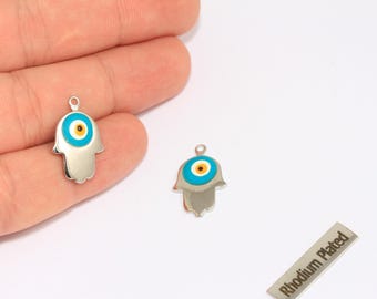 17x19mm Rhodium Plated Hamsa Pendant, Enamel Evil Eye Charms, Evil Eye Pendant, Hamsa Charms, Bracelet Charms, Silver Plated Charms, MTE445