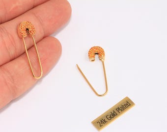 10x32mm 24k Shiny Gold Safety Pin Earrings, CZ Micro Pave Pin Earrings, Statement Earrings, Safety Pin Pull Through Drop Earrings, MTE847
