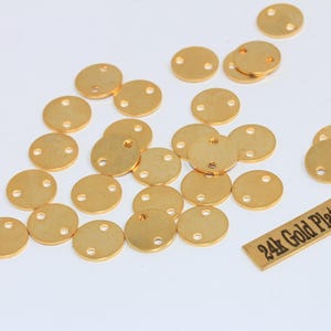 25 Pcs 10mm 24k Shiny Gold Coins, Charms, Round Disc, Two Hole Charms, Bracelet Connector, Stamping Tag, Gold Plated Findings, TTC, DOM43