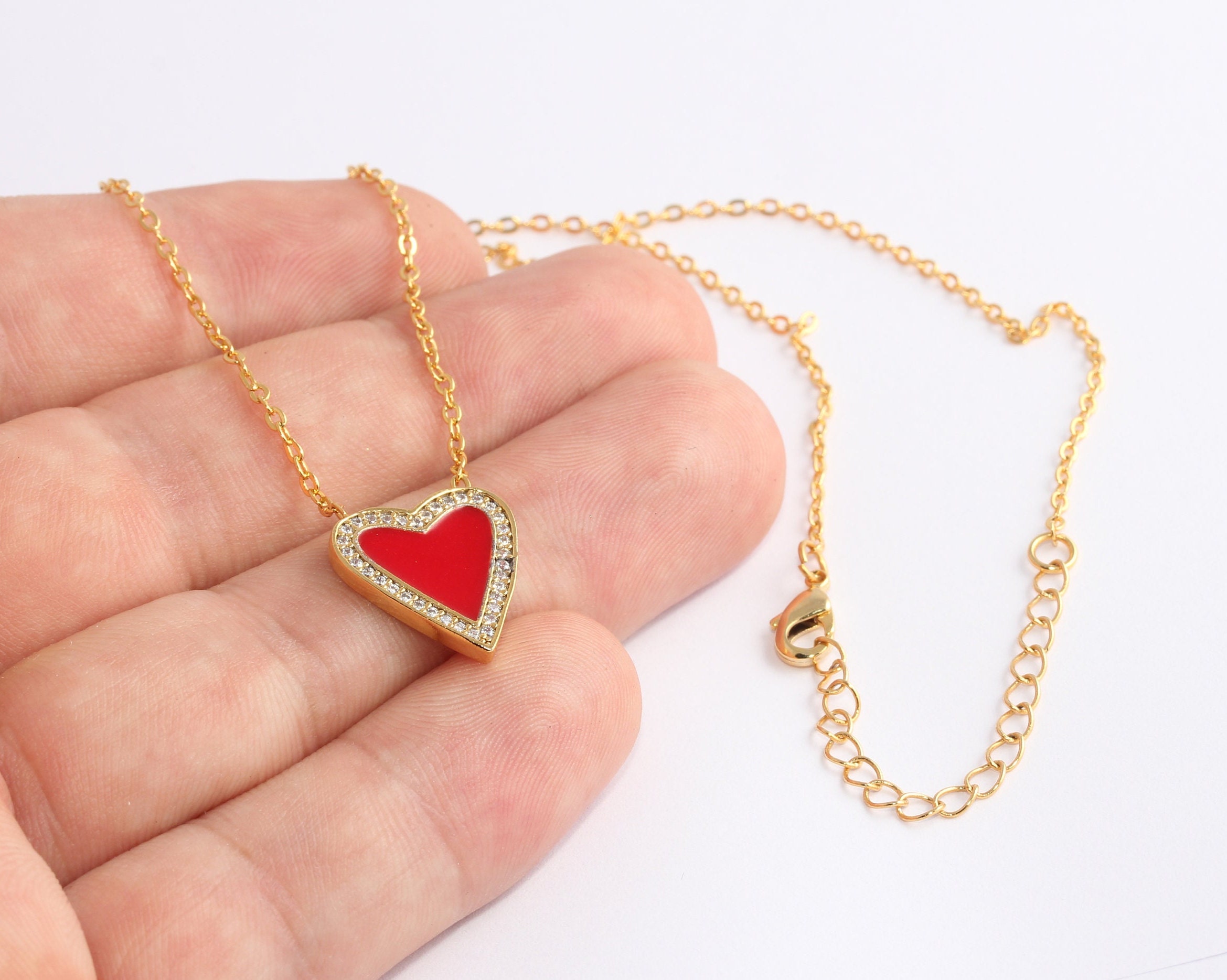 17'' 24k Shiny Gold Heart Necklace Red 