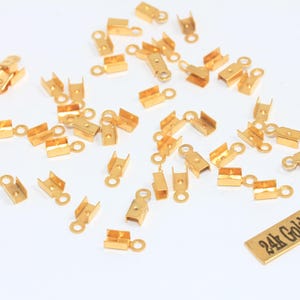 24k Gold Plated Brass Cord Ends, 3x8mm Fold Over Crimp Caps, Jewelry Findings, HUK, DOM16
