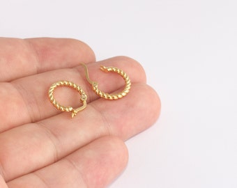 Pendientes de aro trenzados chapados en oro de 24k, pendientes pequeños con cierre de palanca (14 mm), SLM655