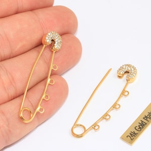 45 mm 24k glänzende Gold Sicherheitsnadel Brosche, CZ Sicherheitsnadel Brosche Charm, Micro Pave Sicherheitsnadel mit Schlaufen, vergoldetes Zubehör, CHK154-5