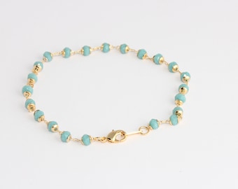7" 24k Shiny Gold Beaded Bracelet, Turquoise Bracelet, Ready Beaded Bracelet, Bracelets With Stone Beads, Gold Plated Bracelets, CHK730-1