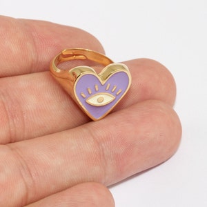 17-18mm 24k Shiny Gold Heart Rings, Lilac Enamel Eye Rings, Statement Rings, Heart Shaped Rings, Women&#39;s Rings, Gold Plated Rings, MLS992