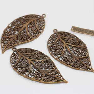 Antique Bronze Filigree Leaf Pendant Charms, Vintage Filigree Findings (29x57mm), DOM89