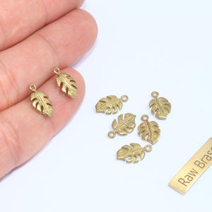 Puede incluir: Pequeños dijes de hoja de latón dorado con un lazo para hacer joyas. Los dijes tienen forma de hoja de monstera. También hay un pequeño rectángulo de latón con el texto "Raw Brass".