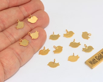 Matt Gold Plated Bird Charms, Pendant for Bracelets, 9x10mm Dainty Findings, PG, BRT238