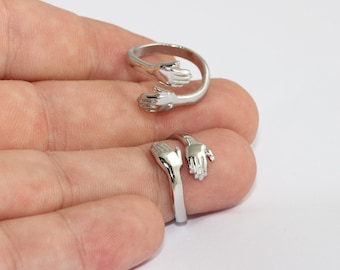 17-18 mm rhodinierte Ringe, Silber Hände Ringe, Liebe umarmt Hand stapelbarer Ring, Liebe Umarmung Ringe, Paarring, Liebhaberringe, MLS461
