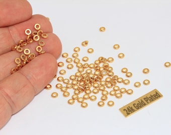 Contas espaçadoras de 4 mm em ouro 24 quilates brilhante, espaçadores dourados, contas redondas, contas de latão, contas de conexão, peças banhadas a ouro, RS, BRT651
