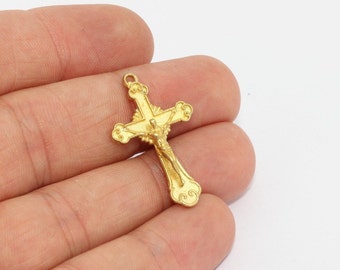 19x31mm Raw Brass Cross Pendant, Cross Necklace, Cross Charm, Catholic Pendant, Catholic Cross, Catholic Jewelry, Religious Charm, MTE1171