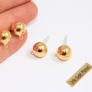 12mm 24k Shiny Gold Ball Ear Posts, Dainty Earring Post, Ball Stud Earrings, Earring Settings With Loop, Gold Plated Earrings, CHK336-3