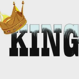 May include: A gold crown with red accents sits above the word "KING" in black, with a light blue and white gradient effect. The image is set against a plain white background.