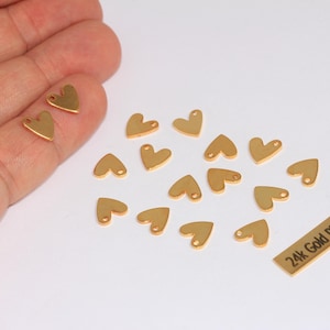 8mm 24k Shiny Gold Heart Charms, Love Necklace, Mini Heart Beads, Necklace Heart Shaped Disc Charms, Gold Plated Findings, ROSE213
