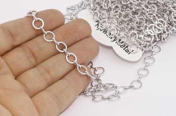 8mm Rhodium Plated Round Link Chain, Silver Tone