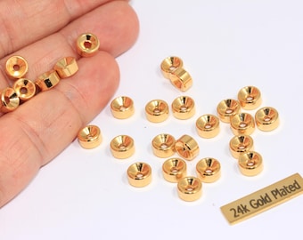 7mm 24k Shiny Gold Rondelle Beads, Spacer Beads, Leather Cord Bracelet Charms, Donut Spacer Beads, Gold Plated Findings, MTE192