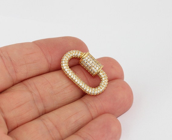 17x26mm 24k Shiny Gold CZ Oval Screw Clasps, Opening Micro Pave Clasp,  CZ Carabiner Clasp, White Stone Necklace Clasp, smr, BRT850