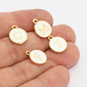 10x12mm 24k Shiny Gold Letter Coins, Alphabet Necklace, Letter Beads, Personalized Necklace, White Enamel Letter Beads, AZ Letter, HRF10
