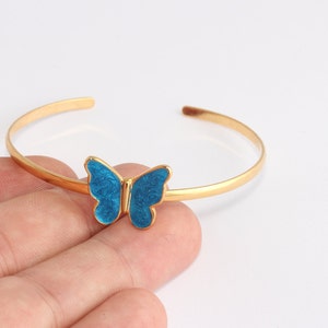 24k Shiny Gold Bracelet Cuff, Wire Butterfly Bracelet, Blue Enamel Butterfly Bracelet, Butterfly Cuff, Gold Plated Findings, TCB, CHK708-1