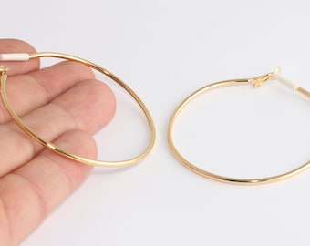 60mm 24k Shiny Gold Earring Hoops, Hoop Ear Wire, Hoop Earrings, Earring Settings, Large Hoop Earrings, Gold Plated Earrings, HES, CHK140-1