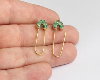 10x32mm 24k Shiny Gold Safety Pin Earrings, CZ Micro Pave Pin Earrings, Statement Earrings, Safety Pin Pull Through Drop Earrings, MLS508