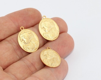 15x21mm 24k Matt Gold Medallion Charm, Coins, Girl Charms, Brass Medallion, Vintage Pendant, Coin Charm, Gold Plated Charms, GRC, MTE1197