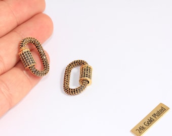 17x26mm 24k Shiny Gold CZ Oval Screw Clasps, Micro Pave Opening Clasp, CZ Black Stone Carabiner Necklace Clasp, Gold Plated Findings, ROSE30