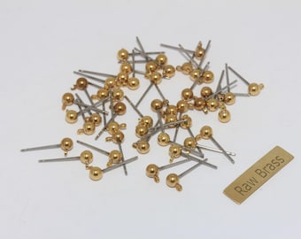 4mm Raw Brass Ball Ear Posts, Stainless Steel Pin, Earring Findings, BXB488