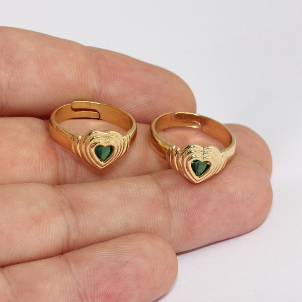 17-18mm 24k Shiny Gold Heart Ring, Micro Pave Heart Rings, Green Stone Rings, Love Rings, Heart Shaped Ring, CZ Women's Rings, HRS, MLS285
