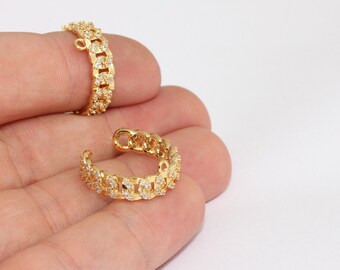 Anillos de cadena de oro brillante de 24k de 16-17 mm, anillo de cadena con micro pavé, anillos de piedra blanca, anillos delicados de circonita cúbica, anillos ajustables chapados en oro, SRD, FNL65