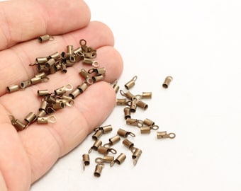 50 Pcs Antique Bronze Cord Crimps, Fold Over Cord End Tips, Inner Size 2,3mm, Round Leather Cord End Crimps, Bronze Plated Findings, DOM78