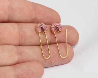 10x32mm 24k Shiny Gold Safety Pin Earrings, CZ Micro Pave Pin Earrings, Statement Earrings, Safety Pin Pull Through Drop Earrings, MLS575