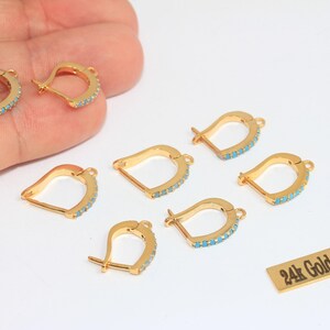 13x18mm 24k Shiny Gold CZ Micro Pave Turquoise Stone Earrings With Loop, MLS631