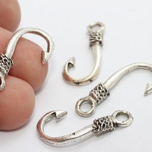 5 Pcs 12x28mm Antique Silver Fish Hook, Fishing Hook Clasp, Fish Hook Charms, Fishing Pendant, Men&#39;s Necklace, Men&#39;s Jewelry, Charms, PLS57