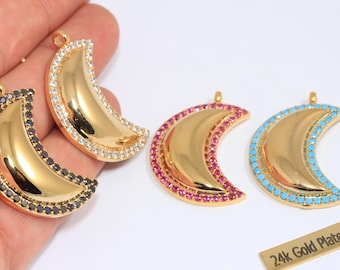 Ciondolo a forma di luna in oro lucido 24 carati con zirconi cubici, 18 x 33 mm, ciondolo a mezzaluna con pavé di pietre a scelta, collana con luna, componenti placcati in oro, CHK226-8