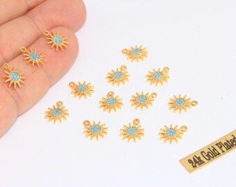 9 x 11 mm, 24-karatowe błyszczące zawieszki słoneczne z cyrkoniami, zawieszki słoneczne z mikro-perełkami z turkusu, biżuteria słoneczna, zawieszki z cyrkonii sześciennych, pozłacane elementy, MLS15