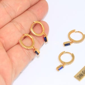 16mm 24k Shiny Gold Micro Pave Earrings, Huggie Hoops With Turquoise Stone Charms, CZ rop Charm Earrings, Gold Plated Finidings, CHK196-2