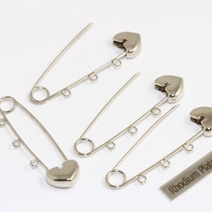 12x50mm Rhodium Plated Safety Pin Charm, Heart Shaped Safety Pin Pendant With Loops, Safety Pin Brooch, Silver Plated Findings, BRT502