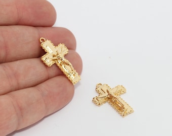 18x30mm 24k Shiny Gold Cross Pendant, Cross Necklace, Cross Charms, Catholic Pendant, Catholic Jewelry, Religious Charm, Cross, MTE17