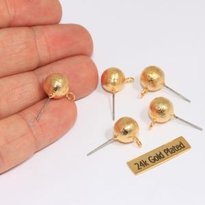 10mm 24k Shiny Gold Ball Ear Posts, Dainty Earring Post, Ball Stud Earrings, Earring Settings With Loop, Gold Plated Earrings, MTE1120