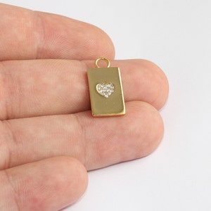 Pendentif 11x21mm 24k Shiny Gold Heart, Rectangle Medallion, White Micro Pave Medallion, Love Necklace Pendant, Gold Heart Charms, MLS684