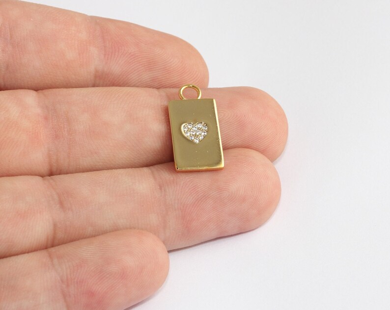 Love Necklace Pendant MLS684 Gold Heart Charms Rectangle Medallion 11x21mm 24k Shiny Gold Heart Pendant White Micro Pave Medallion
