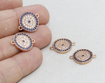 3 Pcs 15x19mm Rose Gold Pave Evil Eye, Micro Pave Evil Eye, CZ Evil Eye, CZ Bracelet Charms, Bracelet Connector, Micro Pave Charms, ZRCN172