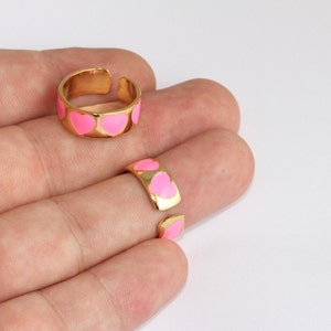 17-18mm 24k Shiny Gold Heart Rings, Pink Enamel Heart Ring, Adjustable Gold Ring, Linear Heart Rings, Women's Rings, Gold Plated Ring, SLM86