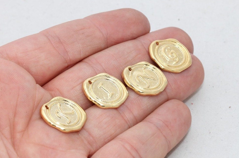 17mm 24k Shiny Gold Letter Charms, Gold Coins, Gold Letter Pendant, Personalized Necklace, Initial Charms, Letter Beads, AZ Letter, HRF31