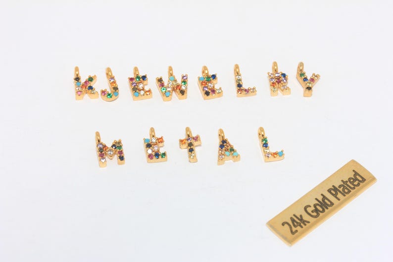 FULL SET - 5x8mm 24k Shiny Gold CZ Letters, Mixed Stone Letter Charms ...